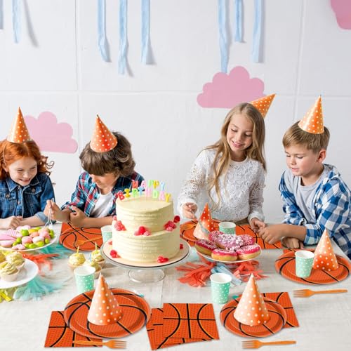 Image of 200 PCS Basketball Birthday Tableware Disposable Basketball Plates Napkins Party Supplies Sports Theme Dinnerware Set Basketballs Team Baby Shower Party Decoration Serve 50 guest