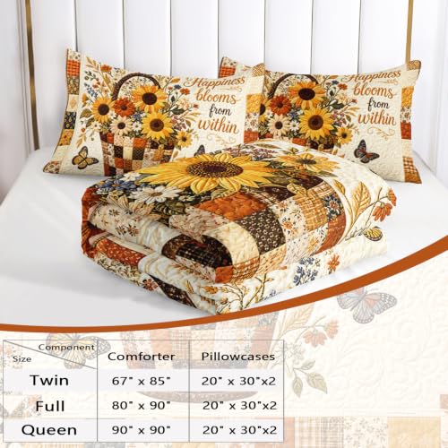 Image of AILONEN Sunflower Basket Twin Bedding Set 3 Piece, 1 Comforter + 2 Pillowcases, Golden Petals Butterflies Patchwork Quote Happiness Blooms from Within for Rustic Cottage Bedroom