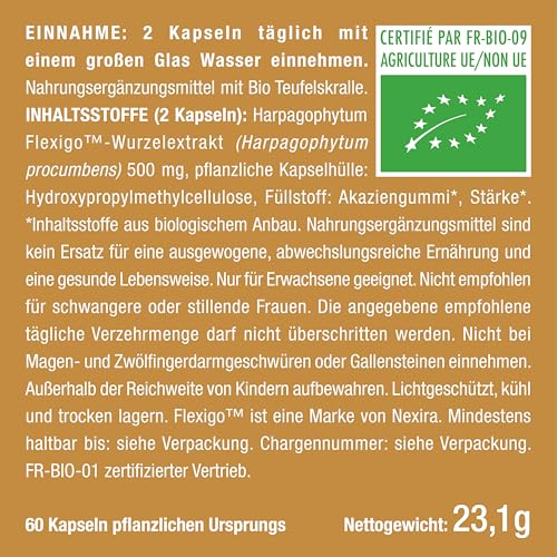 Teufelskralle Bio - FlexiGO™ Extrakt - Kapseln für Gelenke & Sehnen – Hochwertiger Patentierter Rohstoff - Reines Produkt - Hoher Gehalt an Harpagosiden - Vegan - Nutrimea - Premium Qualität