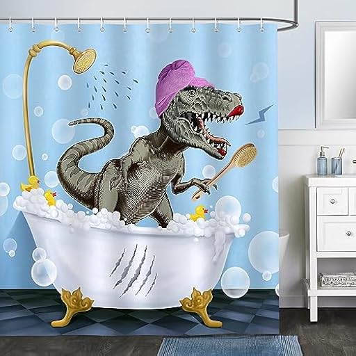 Bonhause Cortina de Ducha Dinosaurio Divertido Burbujas Cortina de Baño de Poliéster Impermeable Antimoho Lavable Cortina Ducha 180 x 180 cm con 12 Ganchos | Ya disponible en tu tienda friki favorita! En mundofriki.es!