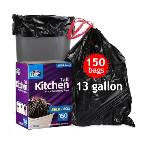 Heavy-Duty 1 Mil 13 Gallon Black Trash Bags (150 Count) - Drawstring, Leak-Resistant for Home & Commercial Use