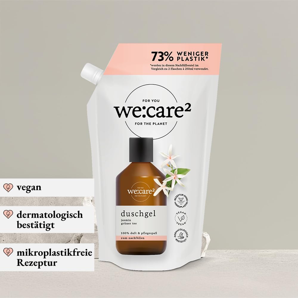 we:care² 8 bolsas de recarga de gel de ducha de 500 ml, jazmín/té verde, paquete de recarga de gel de ducha sostenible y vegano, sin siliconas, parabenos y microplásticos, recarga de jabón líquido