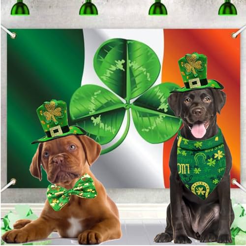 Fantasia de animal de estimação do Dia de São Patrício, 3 peças, chapéu de duende, coleira verde, ba