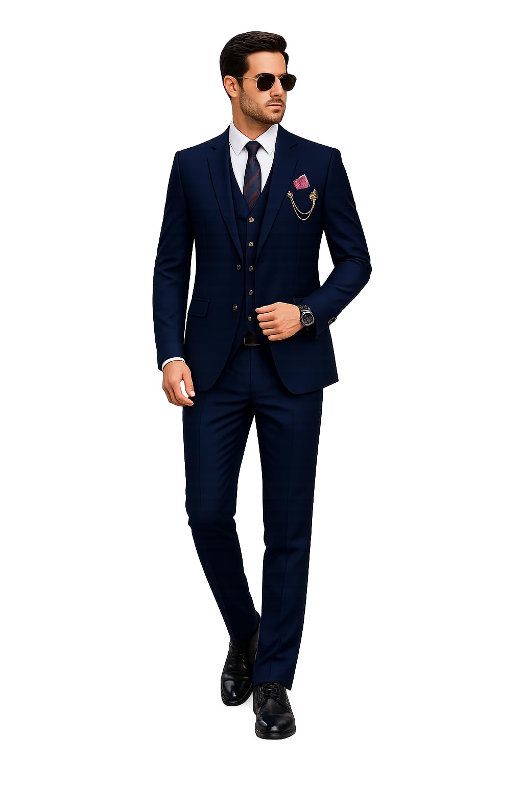 Men's Premium 3 Piece Suit Set with Waistcoat | Slim Fit Formal Coat Pant | Navy Blue-image-48