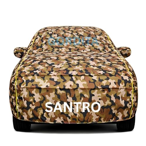 Image of Waterproof Car Body Cover for Santro All Weather Protection Comes with Inner Cotton Lining & Triple Stitched with Mirror & Antenna Pocket Belt & Elastic Fit Army with Yellow Piping2
