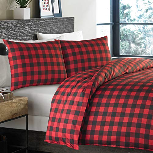 Image of Eddie Bauer - King Duvet Cover Set, Cotton Reversible Bedding, Buffalo Plaid Bedding Set (Red /Black, King)