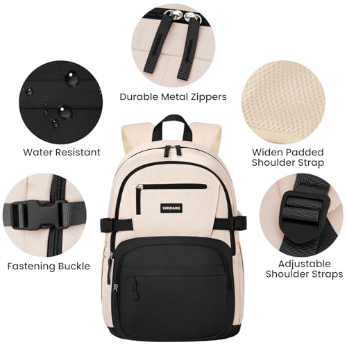 Image of WINDARS Backpack for School Girls, Cute High School Backpacks for Teens Women Student Large Bookbag 15.6 Inch Laptop Bag with USB Charger Port for College Work Travel Trip 3 Pcs(Black Beige)