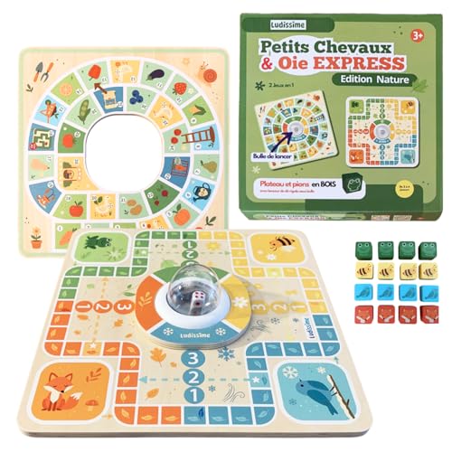 Ludissime Jeu de Petits Chevaux en Bois Enfant – Jeu de Société Familial 2-en-1 avec Jeu de l’Oie Express – Animaux de la Nature – Dé sous Bulle – Plateau...