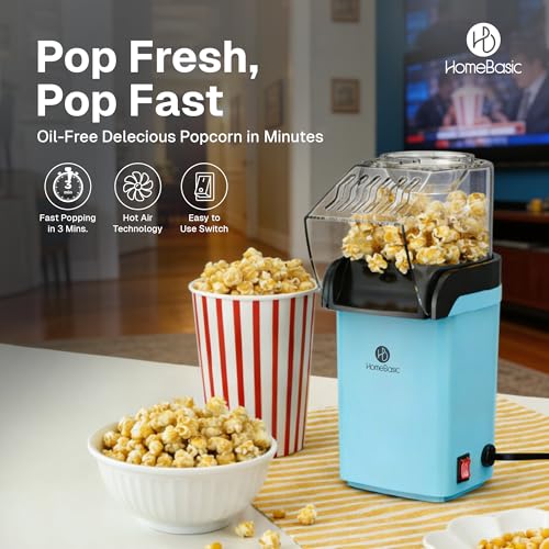 Image of HOMEBASIC 1200W Hot Air Popcorn Maker, Oil-Free Electric Popper, Fast 3-Min Popping, One-Touch Operation, Easy Clean, Fast & Healthy Snack Machine for Movie Nights, Home, Kids & Parties