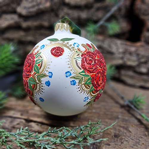 Silverado Christmas Ornament made of glass, 10 cm ball, white with folk flowers motive, Multicolour - Image 4
