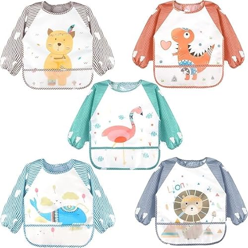 YAMAGW 子供エプロンセット 5個入 長袖・マジックテープ 脱着易 スモック設計 撥水加工 食べこぼし防止 ポケット付き 小物入れ ベビー・幼児・男の子・女の子向け かわいいデザイン 家庭・幼稚園・保育園用 洗浄易 肌に優しい素材