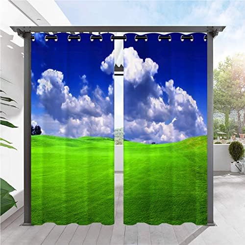 ANHOPE Waterproof Indoor Outdoor Curtains for Patio/Bedroom/Pergola/Deck/Gazebo/Porch/Cabana, Grommet Privacy Curtain with Green Grassland Blue Sky White Clouds Print Pattern, 2 Panels, 54 x 84 Inch