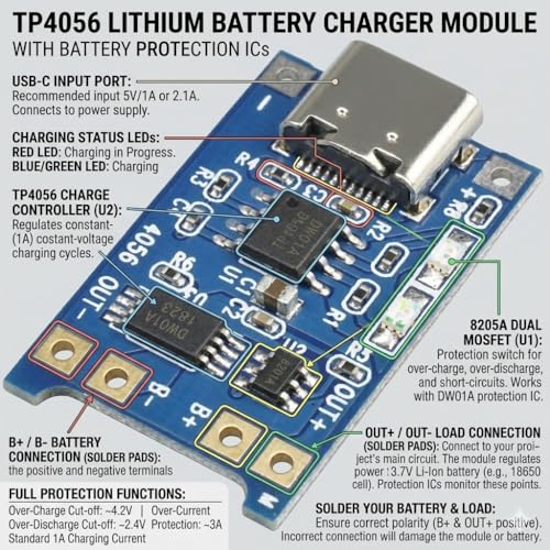 Image of (1PCS) TP4056 USB-C 5V 1A Lithium Battery Charging Module with Dual Protection IC - 18650 Li-ion LiPo Charger Board with Overcharge & Overcurrent Protection