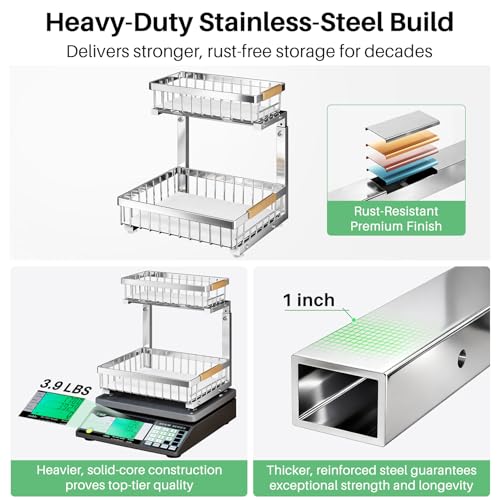 Image of Kitstorack Under Sink Organizer, 2 Tier Under the Sink Storage, Slide out Pull out Cabinet Organizer Shelf, Metal Sliding Drawer for Kitchen Bathroom Pantry Closet Organization Rack, Silver, 1 Pack