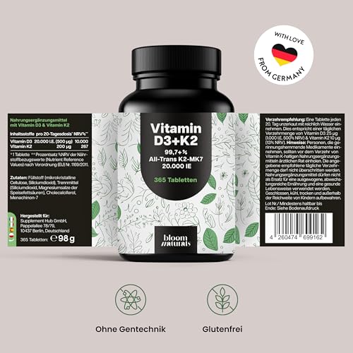 Vitamin D3 K2 hochdosiert – 365 Tabletten mit 20000 IE – 99,7+% All-Trans K2-MK7 - Vitamin D - produziert in Deutschland XXL Family Packung - Verpackung kann variieren