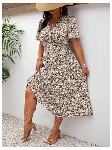 Image of Floerns Women's Plus Size Twist Front V Neck Midi Dress Short Sleeve A Line Dresses