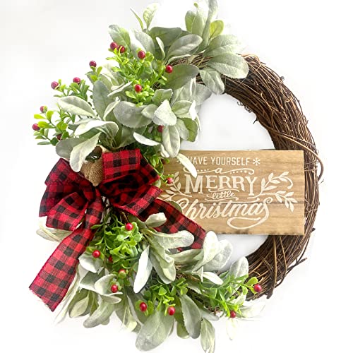 Bibelot Christmas Grapevine Wood Sign Wreath Flocked Ear Leaves and Holly, Rustic Christmas Wreath Farmhouse Front Door Wreath, Winter Front Door Christmas Sign Wreath with Leaves and Berry Wreath