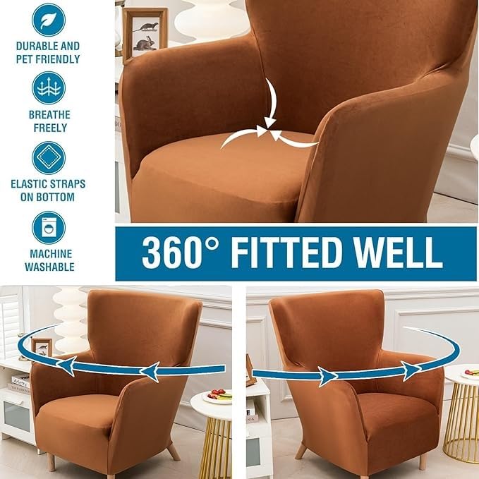 Housse de fauteuil à dossier haut vert canard en velours extensible une pièce - 5