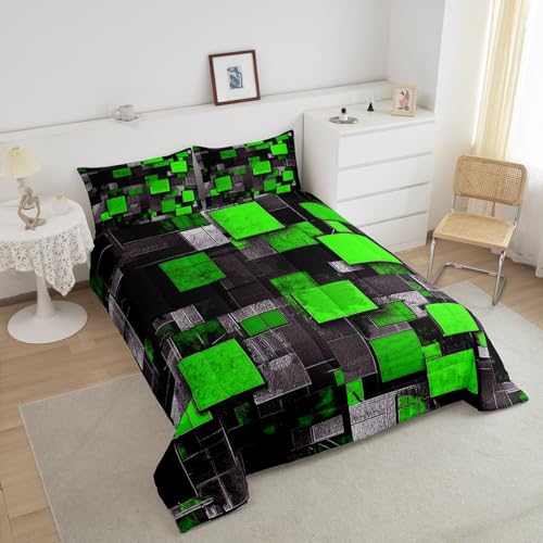 Image of Feelyou Twin Size Geometric Grid Comforter Set Green Black Bedding Set Abstract Art Comforter Boys Girls Geometrics Duvet Insert Kids Bedroom Decor 2Pcs