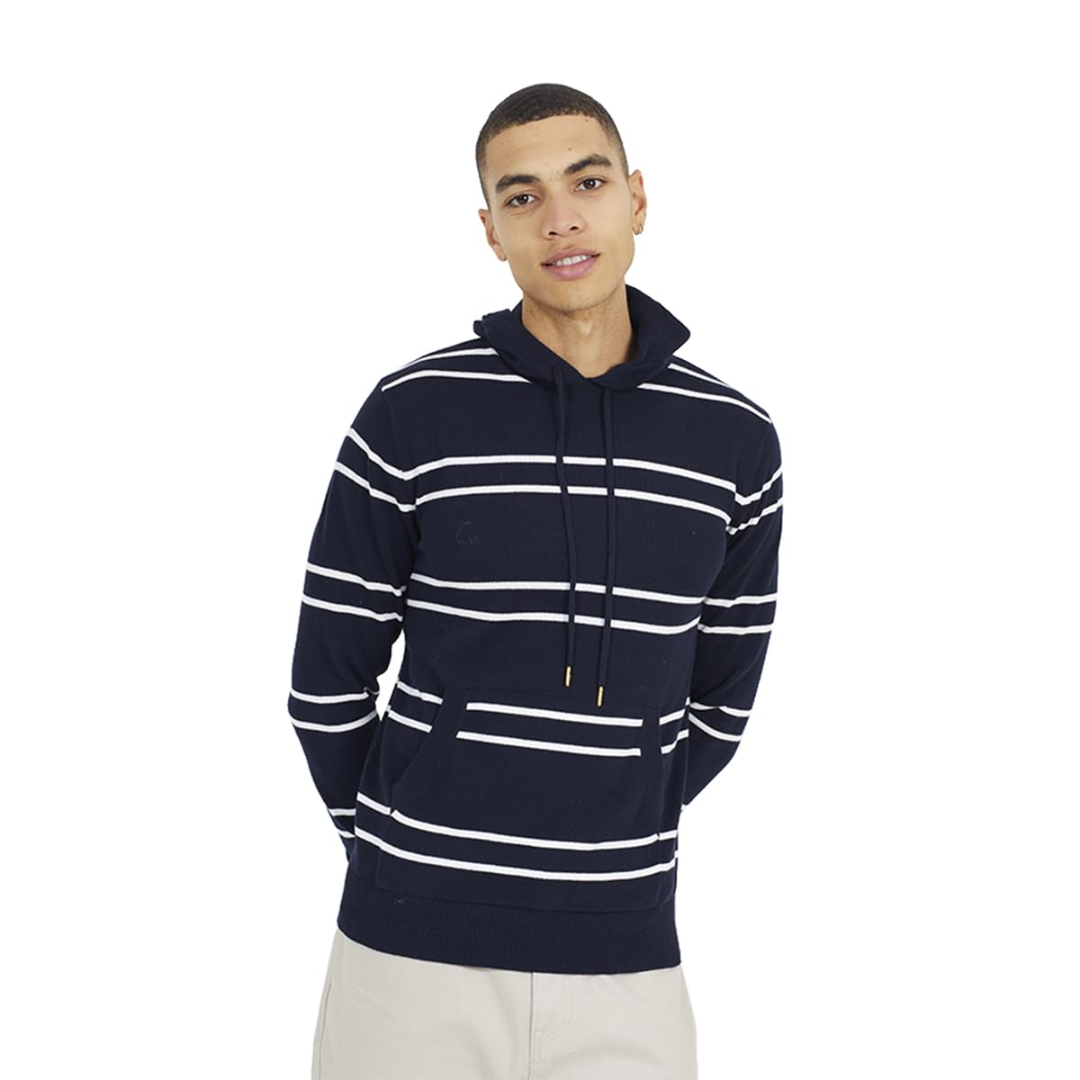 BRAVE SOUL Mens Knitted Hooded Cotton Pullover Narrow Stripe Jumper Hoodie Casual Top Navy L