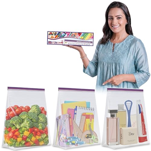 Image of Shalimar Zip 'N' Slider (Press Fit) Bags | Medium (24.5 cm X 28 cm) | Pack of 45 Bags |Ziplock /Vegetable /Fruit /Fridge /Multi-Purpose Storage Bag | Reusable & Reclosable with Double Lock| Color-Natural
