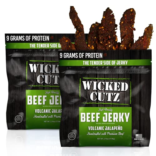 Image of Wicked Cutz Volcanic Jalapeno Spicy Beef Jerky, 27g Protein Per Serving, Tender & Easy to Chew Alternative to Beef Sticks, USA Made High Protein Carnivore Snacks (2 Bags)