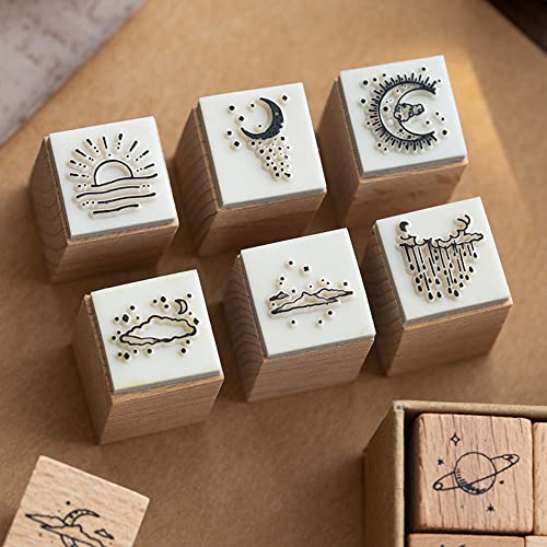 Namvo 16 Pcs Wood Rubber Stamp Set - Moon & Star Decorative Wooden Universe Planet Stamps for DIY Crafts Card Making, Calendar - Image 4