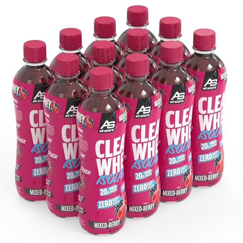 All Stars CLEAR WHEY ISOLATE, lecker, fruchtiger Eiweißdrink ohne Zuckerzusatz, Erfrischungsgetränk für Sportler mit hochwertigem Whey Protein Isolat mit nur 79 Kalorien, 12 x 500ml, Mixed Berry