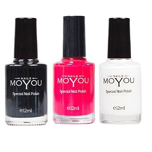 MoYou Lot de 3 vernis à ongles Stamping : noir, blanc et rouge flambeau utilisés pour créer de beaux designs de nail art provenant directement du fabricant...