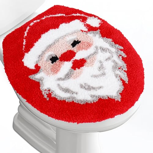 FYSUIMU Christmas Toilet Seat Cover Red Santa Soft Absorbent Plush Tufted Toilet Lid Cover Adjustable Washable Rubber Backing Covers for Xmas Holiday Bathroom Decor