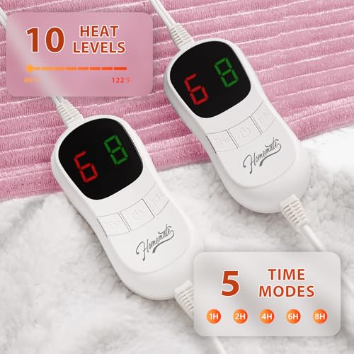 Image of Homemate Electric Heated Blanket Queen Size - 84 inchx90 inch Heating Blanket Queen Size Dual Control 1 /2 /4 /6 /8 Hours Auto-Off 10 Heat Level Over-Heat Protection Soft Flannel Sherpa ETL Certification