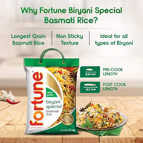 Image of FORTUNE Biryani Special Basmati Rice, 5 kg |Extra Long Grain Basmati rice (Up to 24 mm) | Ideal for Biryani (Pack of 2)