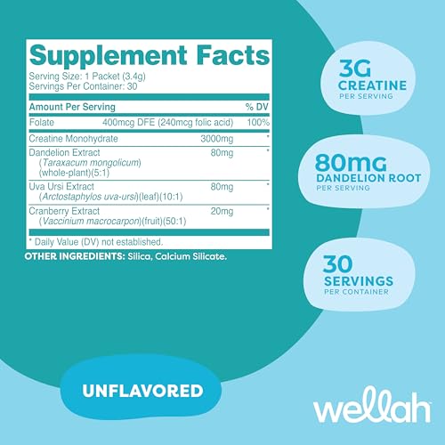 Image of Wellah Creatine for Women (Unflavored) 30 Stick Packs - 3g of Creatine Monohydrate with Dandelion, Uva Ursi, & Cranberry Extract, to-Go Packets