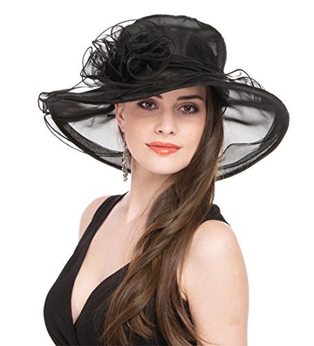 SAFERIN®Classy Sun Hat for Women Ladies Girls, Organza Feather Fascinator for Tea Party Church UV ProtectionBlack