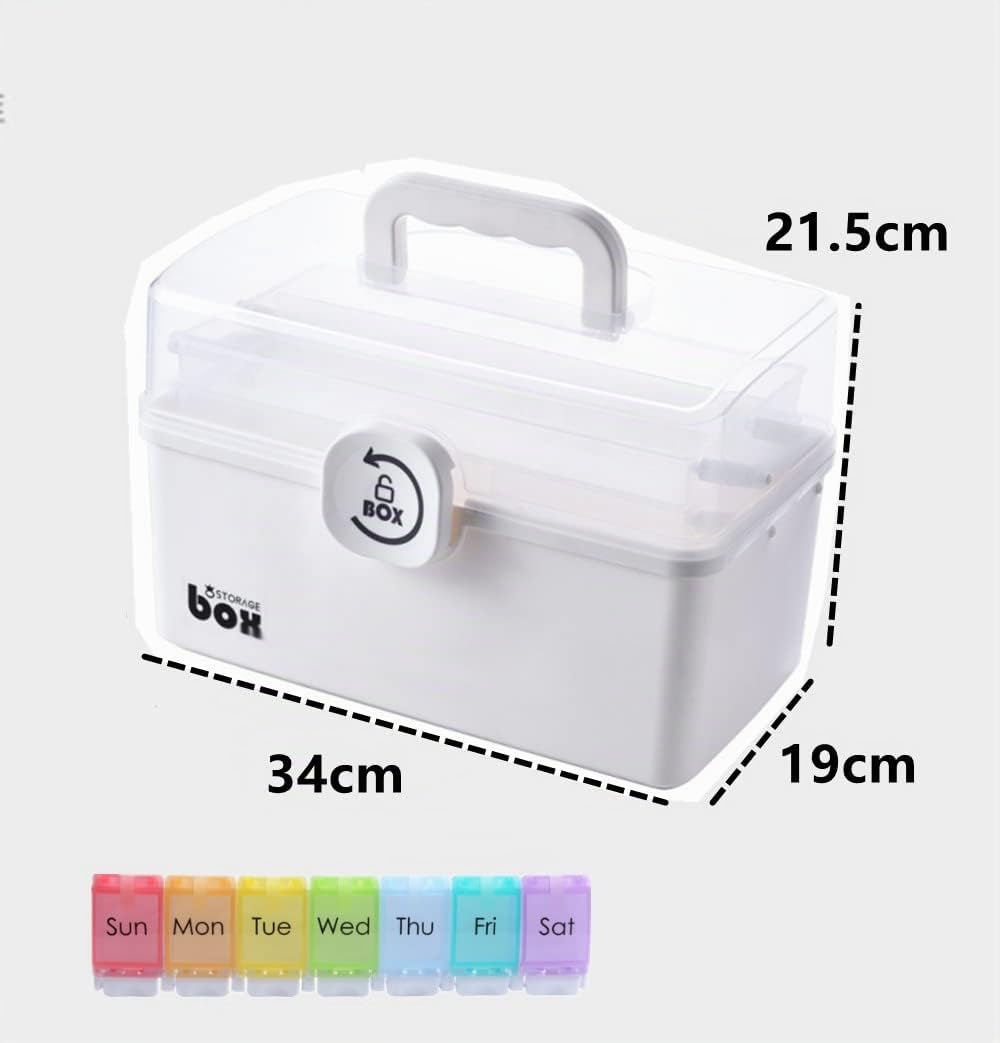 Porta Medicine Scatola a 3 Strati con Portapillole da 7 Giorni, Organizer Medicinali da Armadio, Assetta Pieghevole in Plastica, Scatola Cucito con Maniglia per il Trasporto (Bianco)