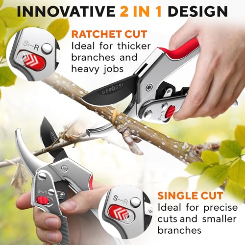 Image of Ratchet Pruning Shears for Gardening Heavy Duty - Increases Cutting Power 3x - Perfect Ratchet Pruners for Weak Hands & Arthritis - 8 inch Anvil Garden Clippers - Sharp Blade for Effortless Cutting - Red
