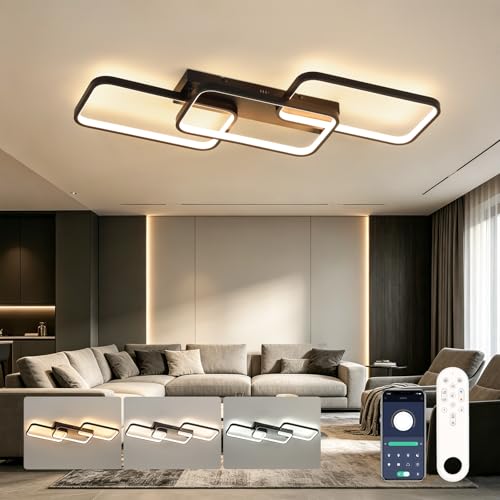 OTREN Lámpara Techo Salón Regulable Moderno 82cm 60W 6000LM, 3000K 6500K con Mando a Distancia, Plafón LED Negro con Memoria y Luz Nocturna para Dormitorio, Cocina y Comedor