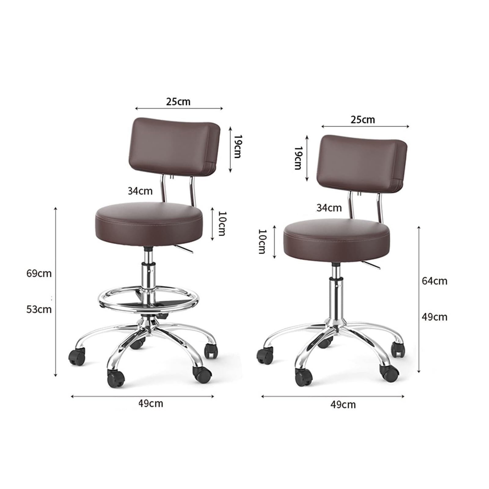Sgabello girevole regolabile in altezza su ruote con supporto posteriore, sedia da salone in pelle PU per spa, medico, salone e ufficio domestico