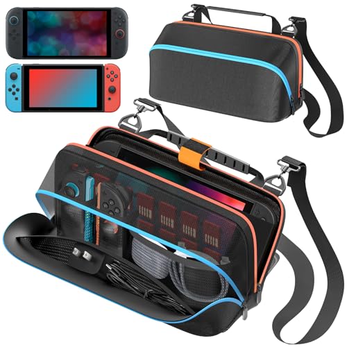 Funda de Transporte para Switch 2/SW OLED/SW Original con Correa Ajustable, Bolsa Switch para Mandos Joy-Con 1/2 & Consola, Funda Protectora Switch 2 para 14 Tarjetas de Juego & Switch Accesorios