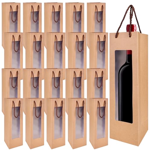 Nizirioo Bolsas de Regalo para Botellas de Vino de Papel Kraft, 20 Unidades, Con Asa, Organizador de Fuerza para Bodas, Fiestas