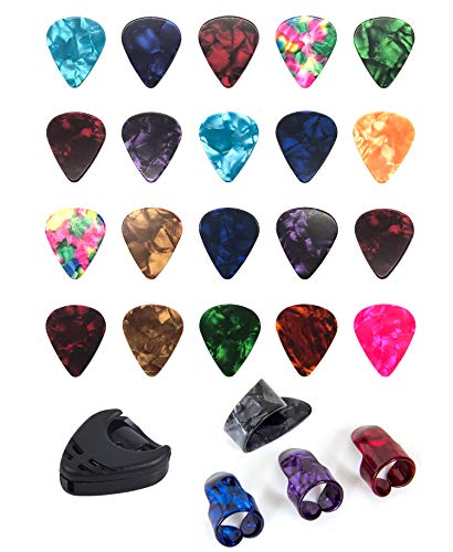 Guitar Finger Picks Set 25 Packs (Celluloid, Mix Colors) Guitar Picks Finger Picks Thumb Finger Pick Index Finger Picks with Holder For Stringed Instruments Guitar, Ukulele, Bass, Banjo, Mandolin