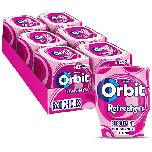 Orbit Refreshers, Bote de Chicles Sin Azúcar Sabor Bubblemint que proporciona frescura inmediata en formato gragea (6 x 30 chicles)