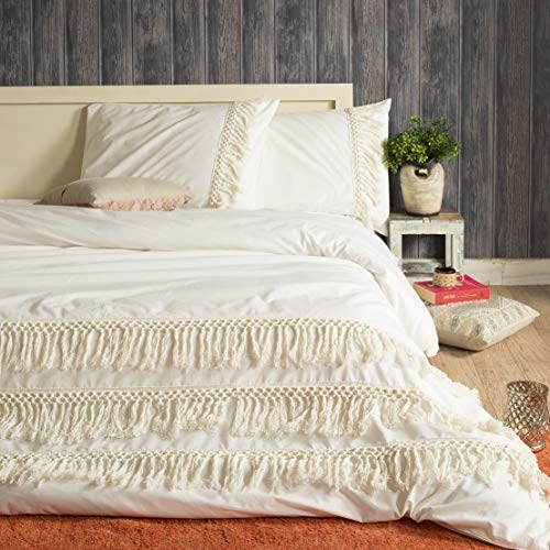 100% Cotton Bedding Set of 3, Queen Size, Bohemian Duvet Cover Set with Zip Closure  Ivory Coverlet with Tassle Design