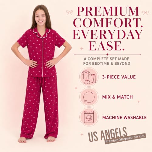 Image of US Angels Girls Pajama Set 3 Piece, Short Sleeve Button Down PJs with Shorts & Pants, Soft Sleepwear Girls & Tweens Size 5-16