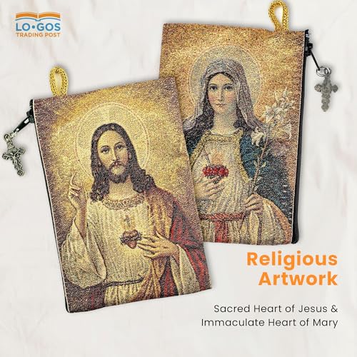 Image of Catholic Rosary Pouch, 4 inch x 6 inch Jewelry & Coin Purse with Cross, Small Woven Tapestry Icon Bag, Bolsa de Rosario Catolico para Joyeria, Sacred Heart of Jesus & Immaculate Heart of Mary, 4 inch x 6 inch