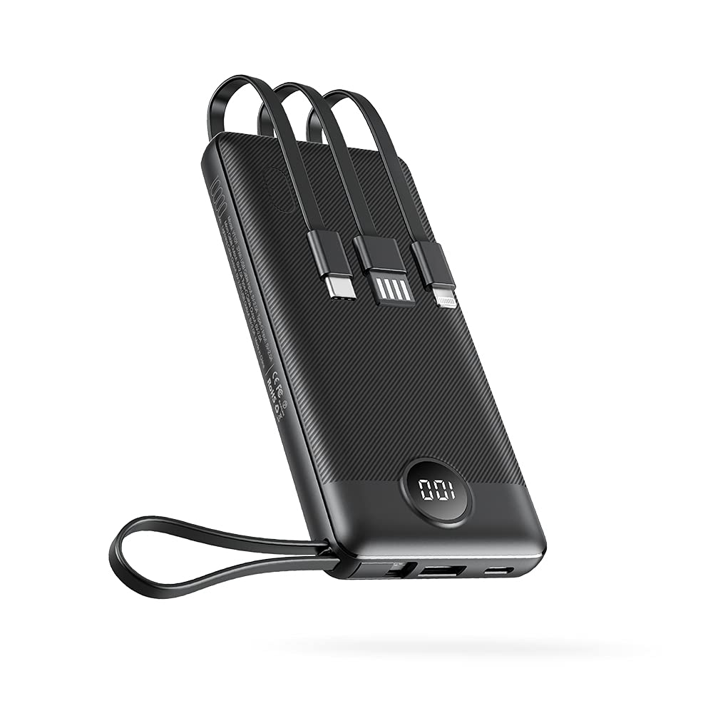 VEEKTOMXPower Bank 10000mAh, Portable Charger with Built-in Cables, USB C External Battery Pack with 5 Outputs and LED Display for iPhone, iPad, Samsung Galaxy and More (10000mAh-Black)ClimatePartner certified