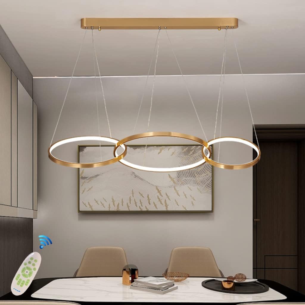 Lampada a Sospensione LED Lampada a Sospensione Moderna Lampadario da Tavolo da Pranzo Regolabile in Altezza Lampada da Soggiorno dimmerabile con Telecomando Anelli in Alluminio Lampada a so