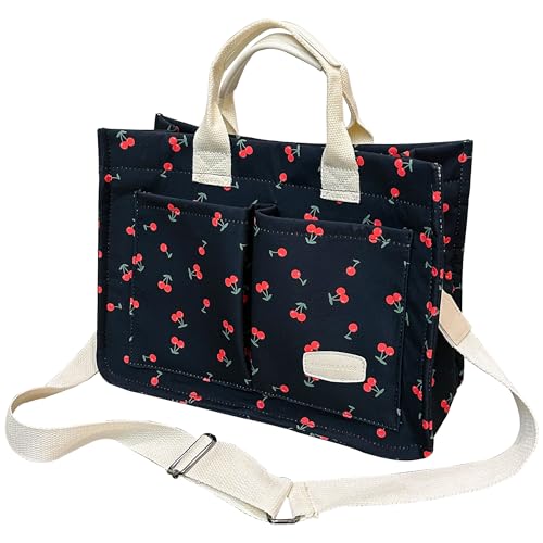 Image of Cherry Tote Bag for Women Canvas Patched Purse Cute Shoulder Bag Multi-Pocket Satchel Handbag for work travel