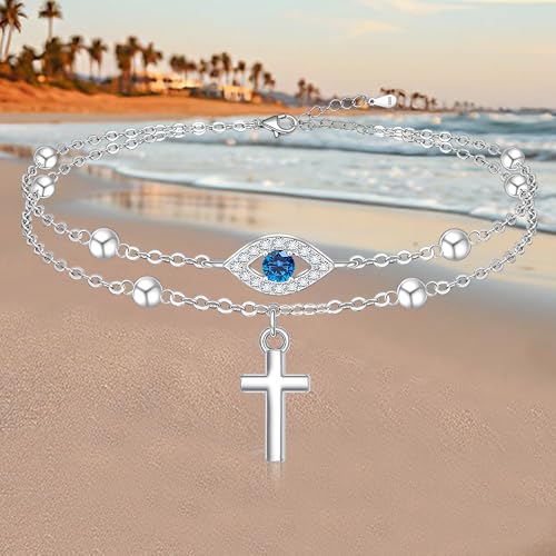 Image of Evil Eye Anklet Sterling Silver Infinity Lotus Flower Evil Eye Anklets for Women Ankle Bracelets Turkish Blue Eyes Protection Chain Jewelry