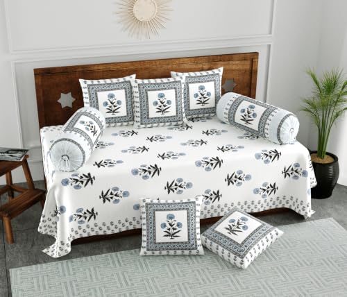 Image of BLOCKS OF INDIA 200TC Diwan Set Cotton 8 Piece | Deewan Printed Bedsheet Sets for Living Room Hall (Set of 8 Piece, 1-Bed Sheet | 2-Bolster Cover | 5-Cushion Cover (Color 48)